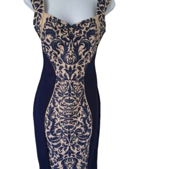 EUC Lipsy London Navy & Cream Bodycon Dress with Keyhole Back - Picture 2 of 4